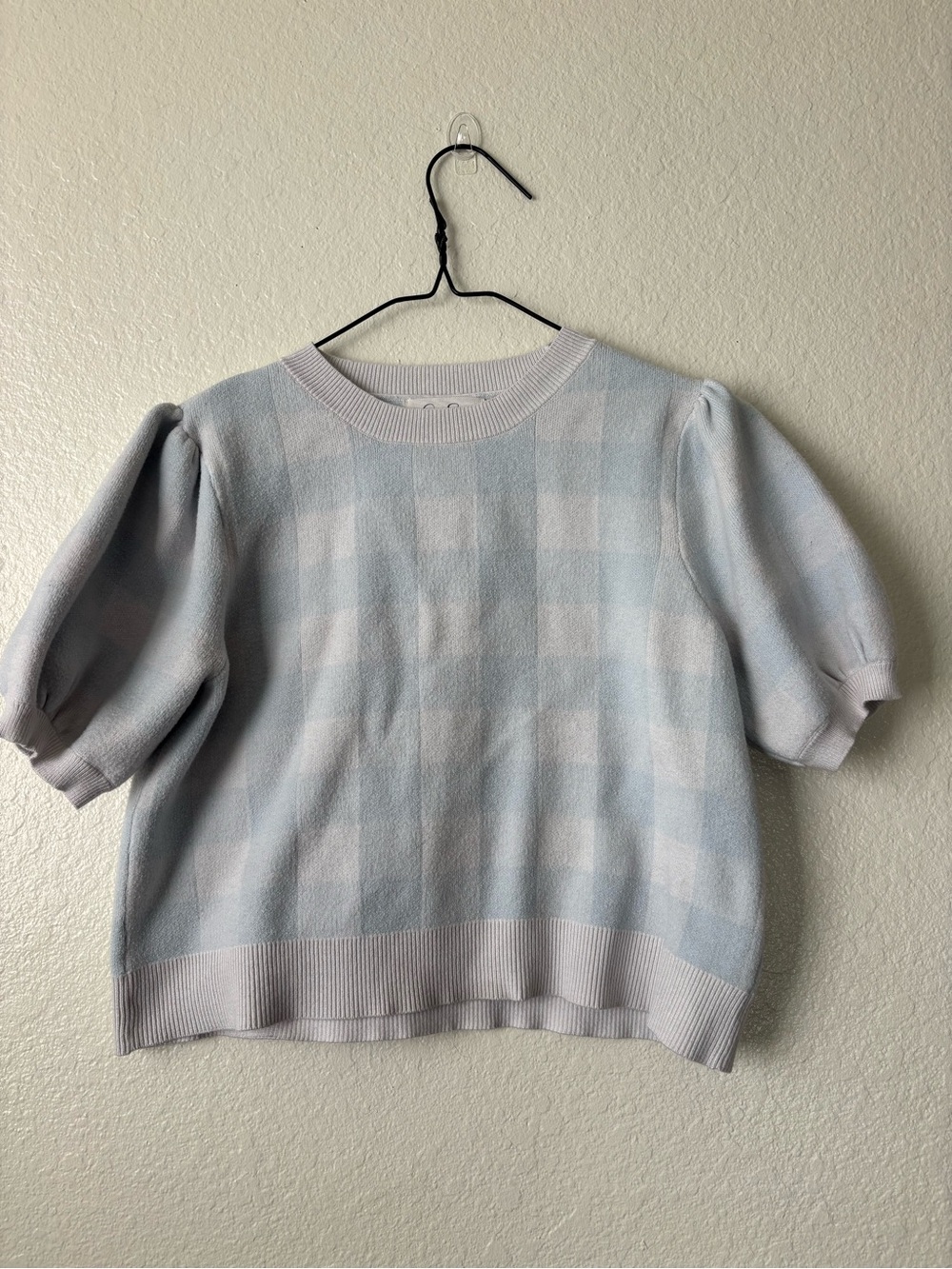 Jessica Simpson Light Blue & White Check Puff-Sleeve Sweater